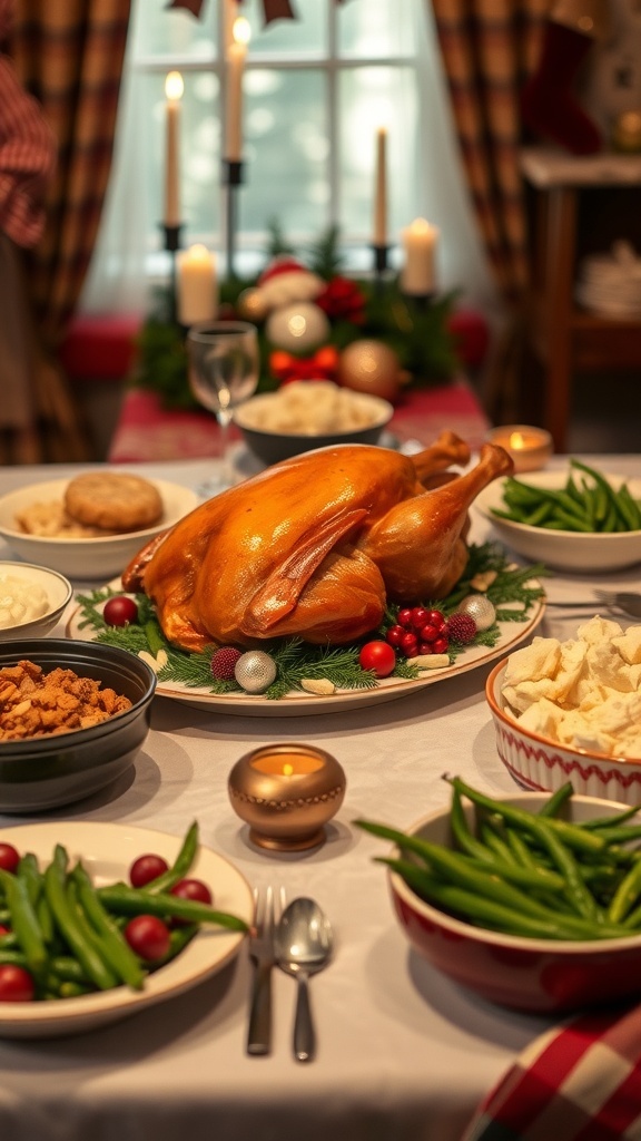 A festive Christmas dinner table with roasted turkey, stuffing, mashed potatoes, and green beans, adorned with holiday decorations.